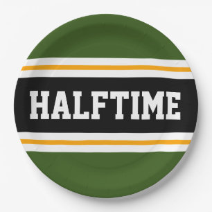 HALFTIME Forest Green Black White Orange Stripes Paper Plates