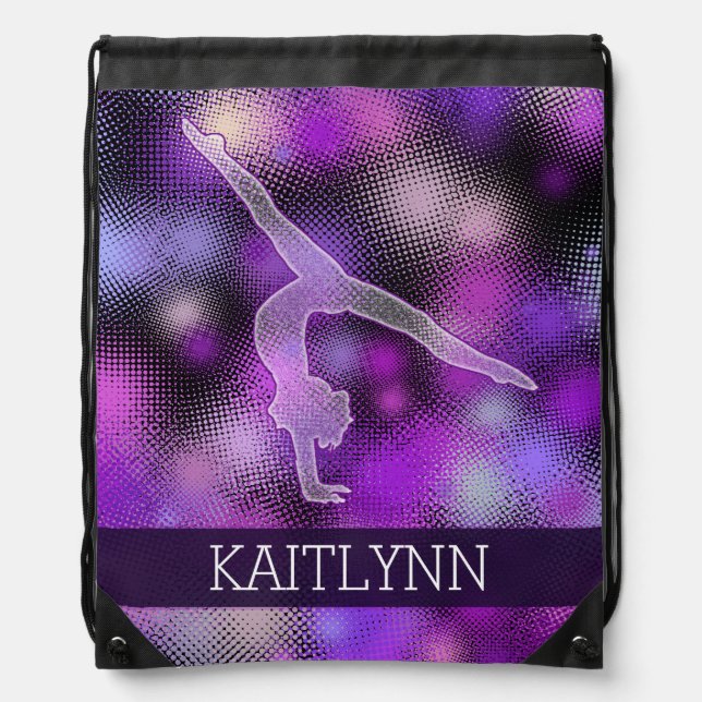 Halftone Gymnast in Purple with Monogram Drawstring Bag (Front)