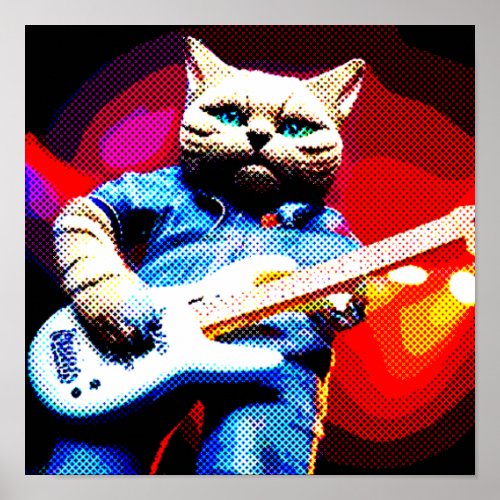 Halftone Metal Moggy Cat Guitarist Denim Jacket Poster