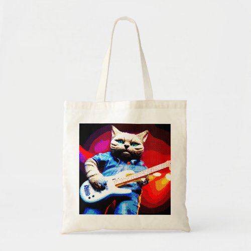 Halftone Metal Moggy Cat Guitarist Denim Jacket Tote Bag