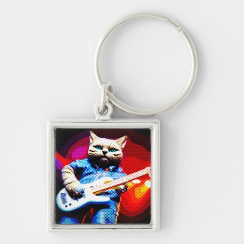 Halftone Metal Moggy Cat Guitarist in Denim Keychain