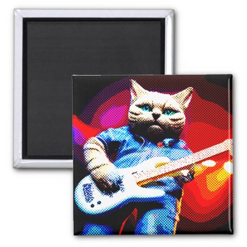 Halftone Metal Moggy Cat Guitarist in Denim Magnet