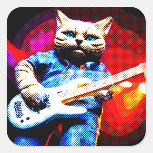 Halftone Metal Moggy Cat Playing Guitar in Denim Square Sticker
