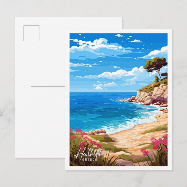 Halkidiki Greece Travel Vintage Illustration Postcard (Front/Back)