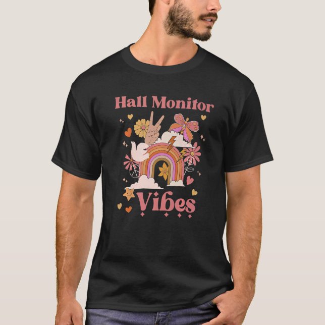 Hall Monitor Vibes School Groovy Retro Boho Rainbo T-Shirt (Front)