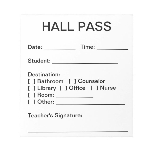 Hall Pass Pad (White) (Front)