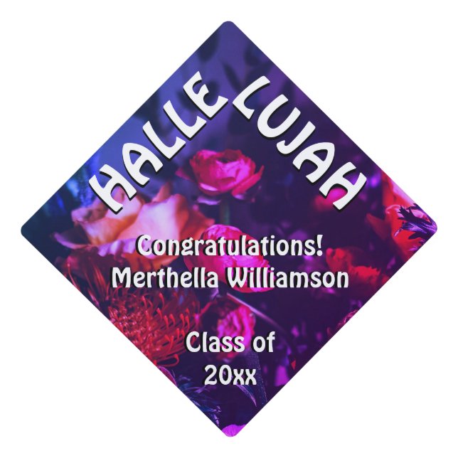 HALLELUJAH Stylish PURPLE Floral Bouquet Graduation Cap Topper (Front)