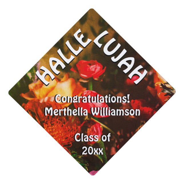 HALLELUJAH Stylish RED Floral Bouquet Graduation Cap Topper (Front)
