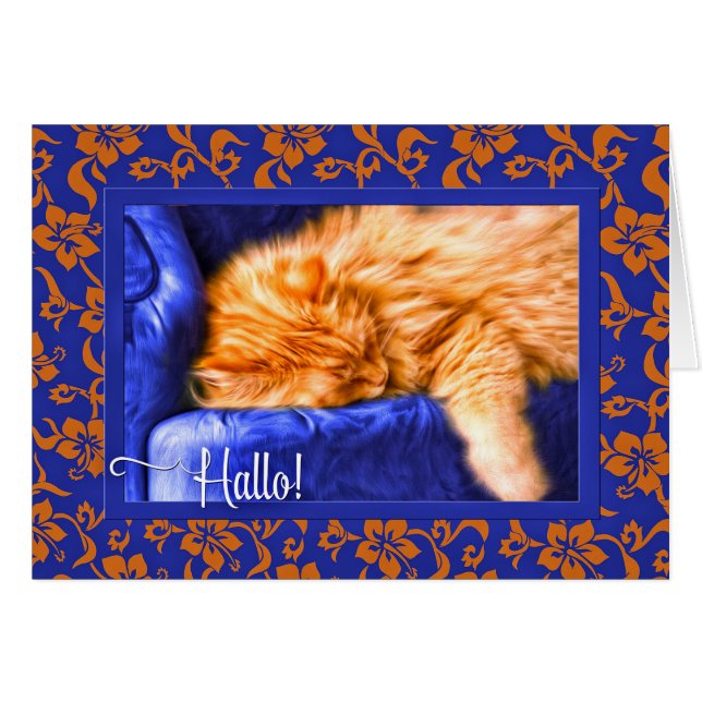 Hallo! German Language Orange Tabby Cat Blue (Front Horizontal)