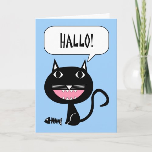 Hallo Hello in German Cat and Fish Bones Card