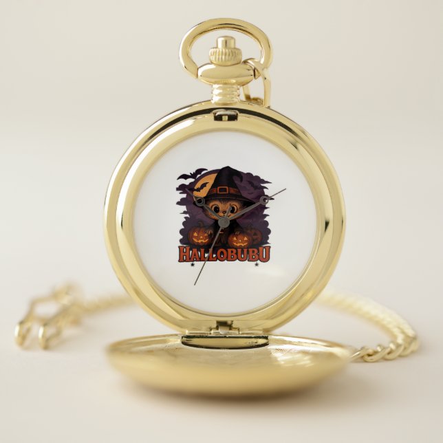 Hallobubu Halloween Cute & Spooky Witch Cat T-Shir Pocket Watch (Inside)