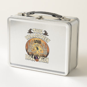 Halloqueen Loves Halloween Skeleton Hands Black Ca Metal Lunch Box