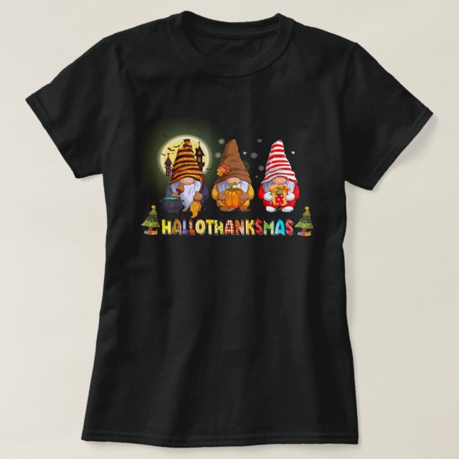 Hallothanksmas Cute Gnomes Fall Halloween T-Shirt (Design Front)