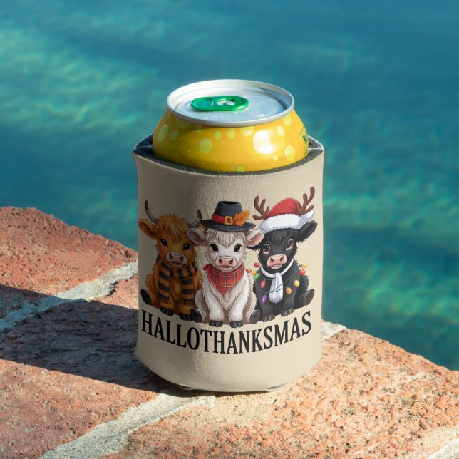 Hallothanksmas Fall Cow Spooky Season Farmer Xmas Can Cooler (In Situ Pool)