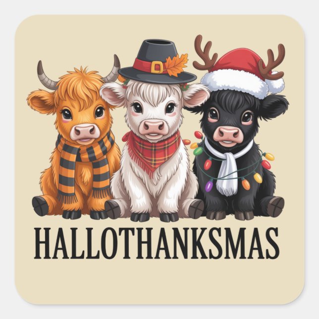 Hallothanksmas Fall Cow Spooky Season Farmer Xmas Square Sticker (Front)