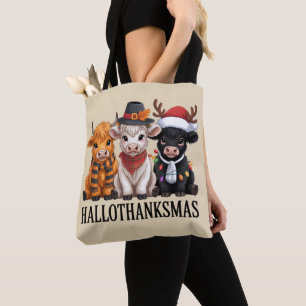 Hallothanksmas Fall Cow Spooky Season Farmer Xmas Tote Bag