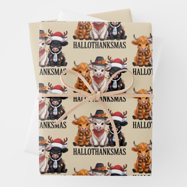 Hallothanksmas Fall Cow Spooky Season Farmer Xmas Wrapping Paper Sheets (In situ)