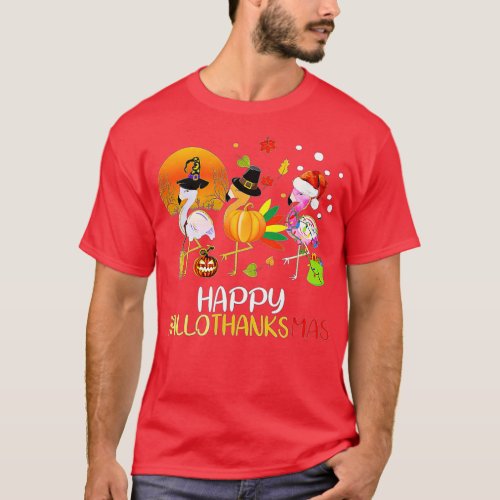 Hallothanksmas Flamingo Halloween Christmas Thanks T_Shirt