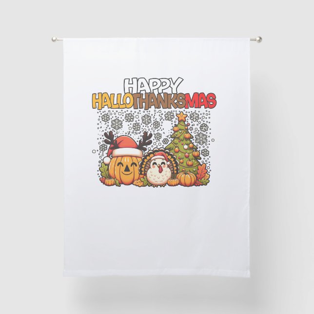 HalloThanksMas Funny Cute Halloween Thanksgiving C Sheer Curtains (Front)