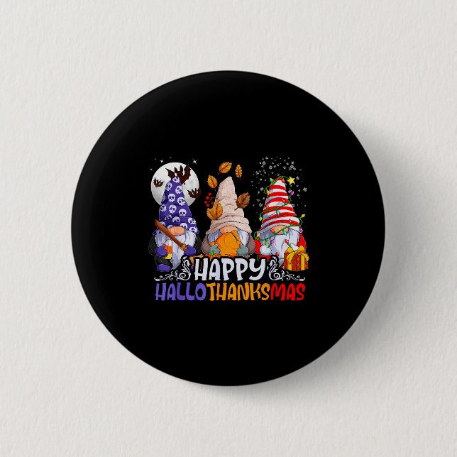 Hallothanksmas Gnomes Halloween Thanksgiving Chris Button (Front)