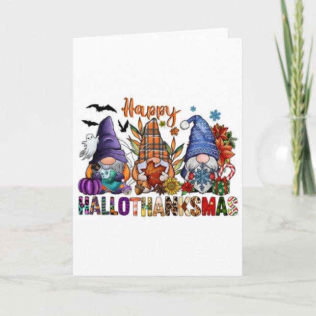 Hallothanksmas Gnomes Halloween Thanksgiving Merry Card (Front)