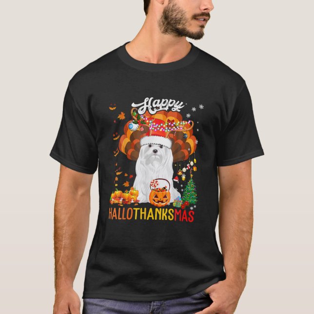 Hallothanksmas Santa Turkey Pumpkin Maltese Dog T-Shirt (Front)