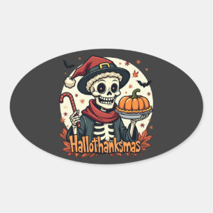 Hallothanksmas Skeleton: Pumpkin Pie & Candy Cane Oval Sticker