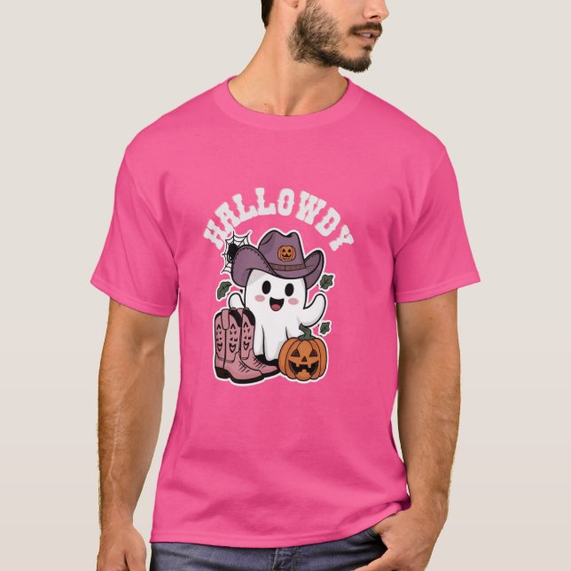 Hallowdy Halloween Cowboy Hat Boots Pumpkin & Ghos T-Shirt (Front)