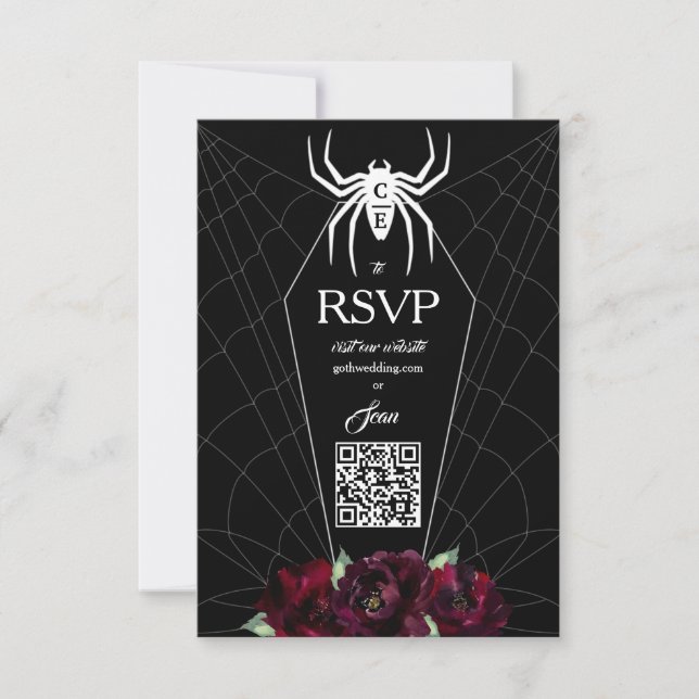 Hallowedding Spider Web Coffin Black White   RSVP Card (Front)