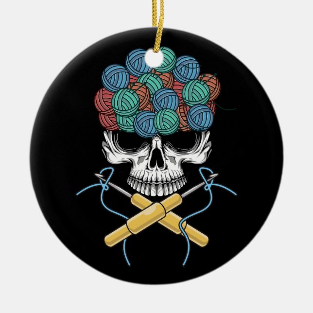 Halloweeen Skull Crochet Lover Yarn Funny Skeleton Ceramic Ornament (Front)