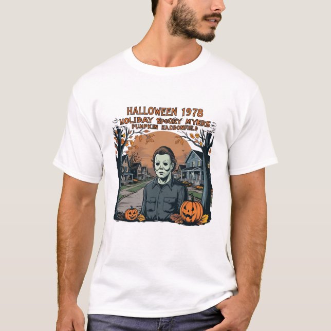 Halloween 1978 Holiday Spooky Myers Pumpkin Haddon T-Shirt (Front)