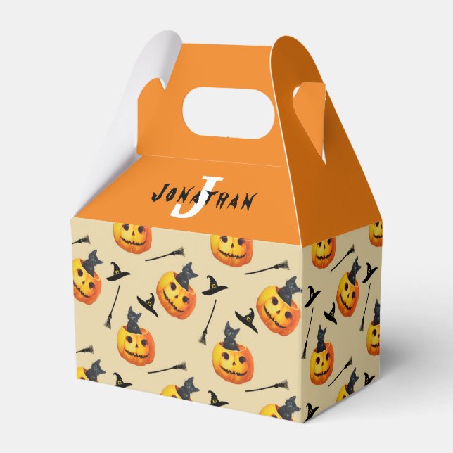 Halloween 1st Birthday Cute Black Cat Monogram Favor Boxes (Front Side)