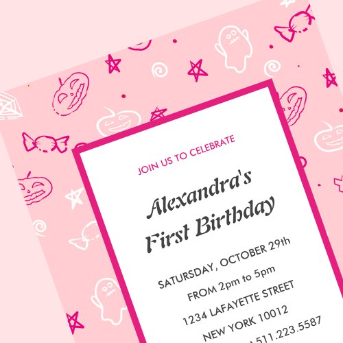 Halloween 1st birthday invitations autumn pink