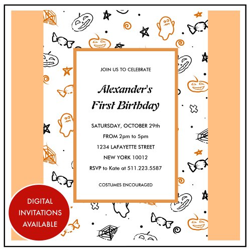 Halloween 1st birthday invitations fall orange