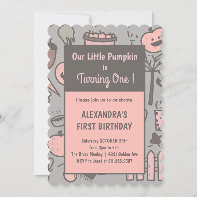 Halloween 1st birthday invitations fall pumpkin (Front)