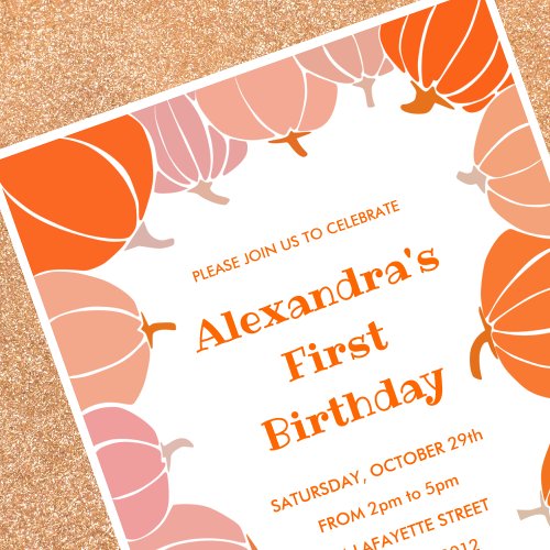 Halloween 1st birthday invitations pink pumpkin