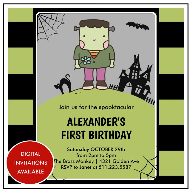 Halloween 1st birthday spooktacular frankenstein  invitation (Halloween-1st-birthday-invitation-spooktacular-frankenstein-1)