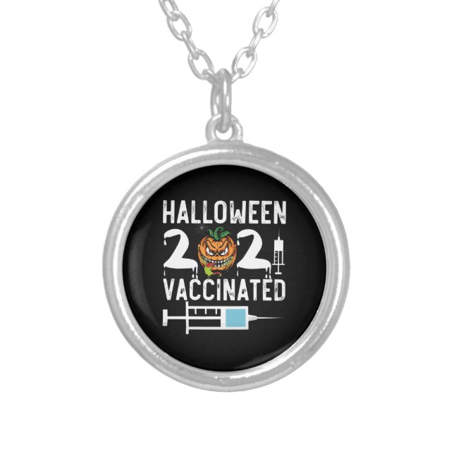 Halloween 2021 Vaccinated Funny Costume Silver Plated Necklace (Front)