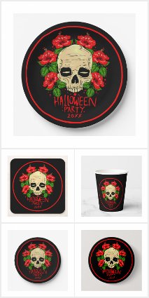Halloween 20xx Skull Red Hibiscus Flowers Set