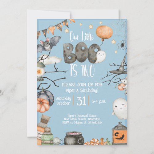 Halloween 2nd Birthday Our Little Boo is Two Blue Invitation