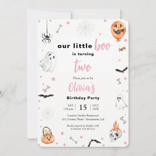 Halloween 2nd Birthday Pink ghost girl two spooky Invitation