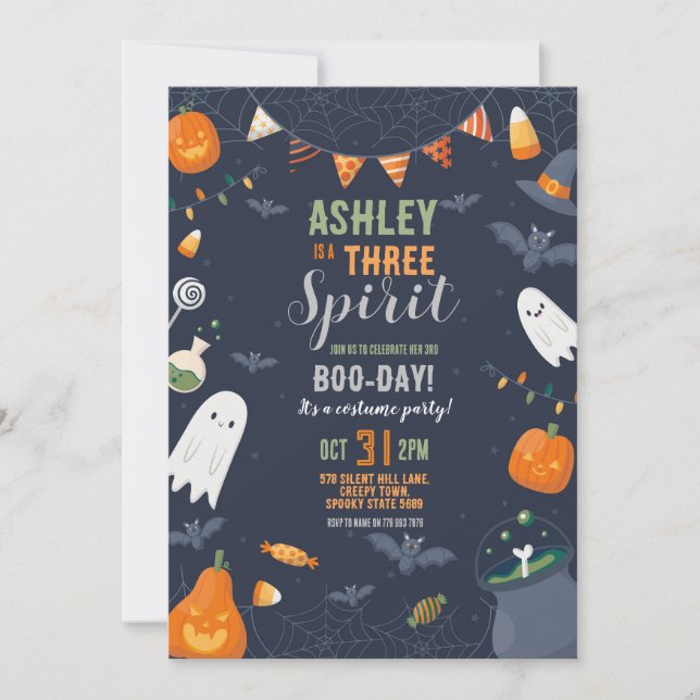 Halloween 3rd Birthday THREE Party Ghosts Pumpkin Invitation (Front)