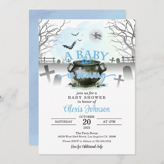 Halloween A Baby is Brewing Baby Shower Blue Invitation (Front/Back)