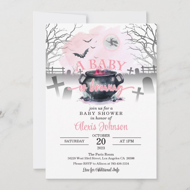 Halloween A Baby is Brewing Baby Shower Pink Invitation (Front)