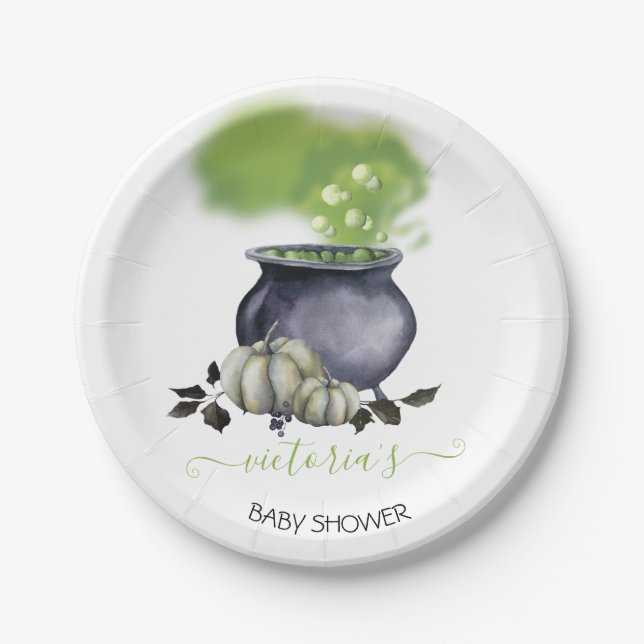 Halloween A Baby is Brewing Caldron Baby Shower Paper Plates (Front)