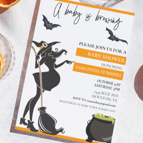 Halloween A Baby Is Brewing Witch Modern Invitation