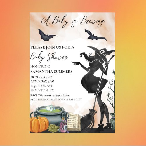 Halloween A Baby Is Brewing Witch Watercolor  Invitation