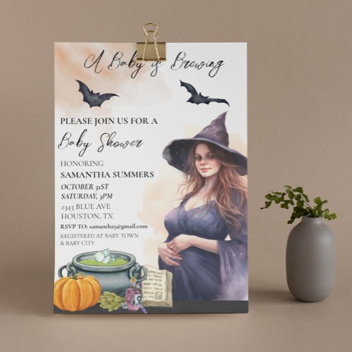Halloween A Baby Is Brewing Witch Watercolor  Invitation