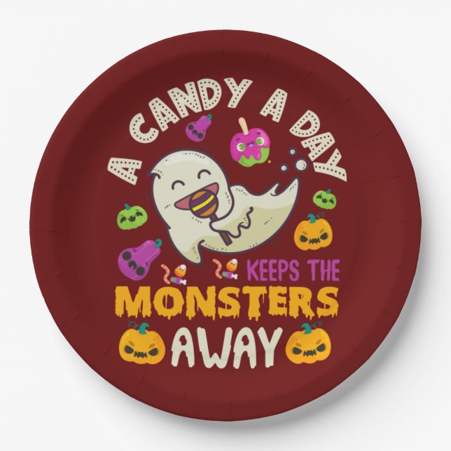 Halloween A Candy A Day Keeps The Monsters Away   Paper Plates (Front)