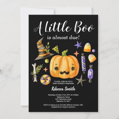 Halloween A Little Boo Pumpkin Baby Shower Black Invitation